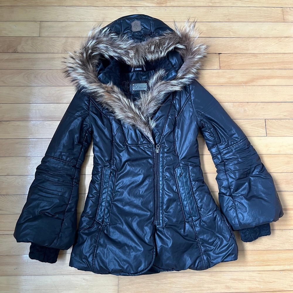 Mackage Black Puffer Jacket Fur Trim Hood Leather Detail XS TP Women Winter Coat